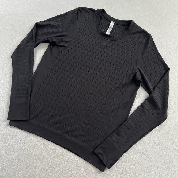 Lululemon Women Solid Black Breeze By Long Sleeve Squad Mesh Perforated Top 6 - Picture 2 of 6